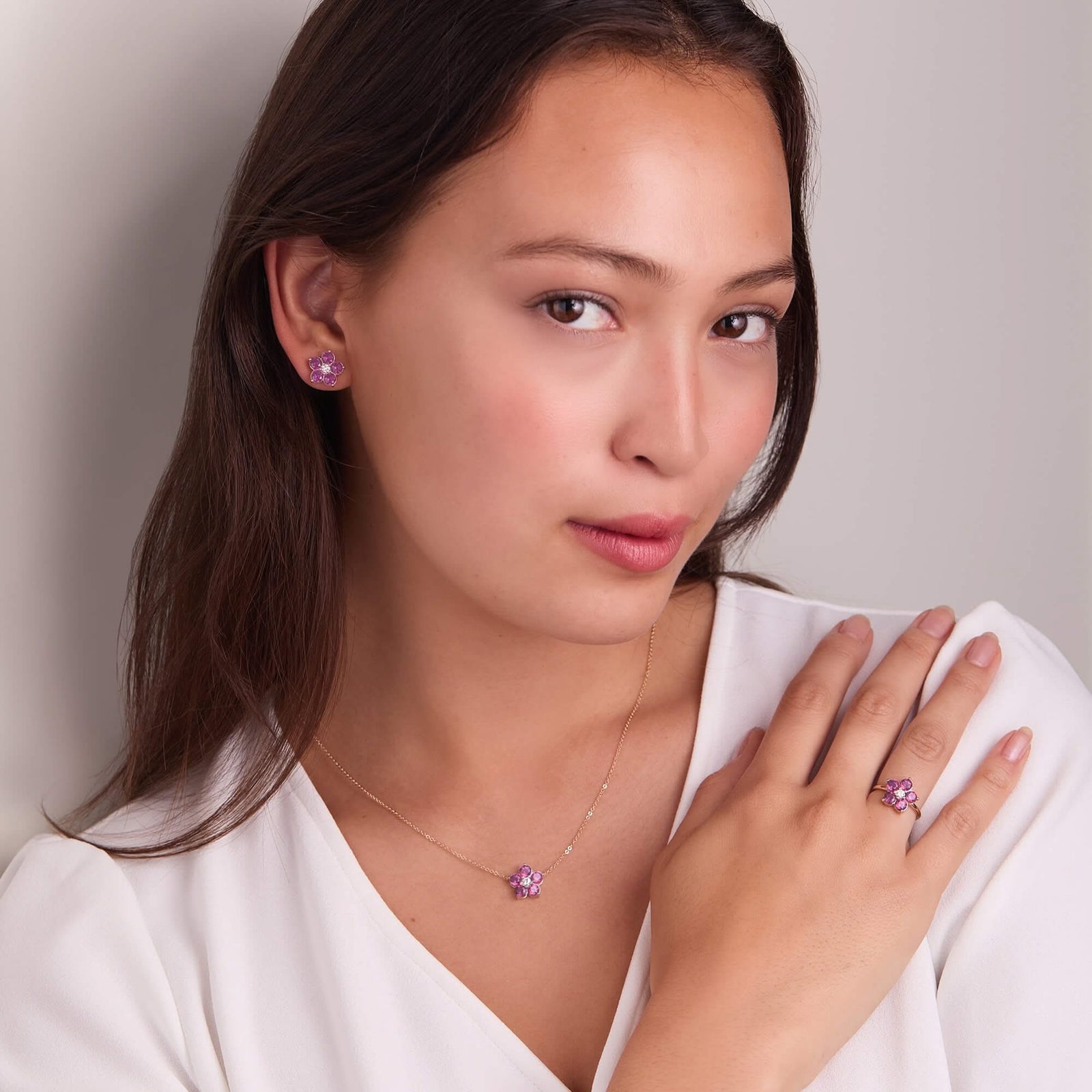 The Vault: Greenwich Flower Pink Tourmaline & Diamond Necklace, Yellow Gold Size Large with 2" Extender