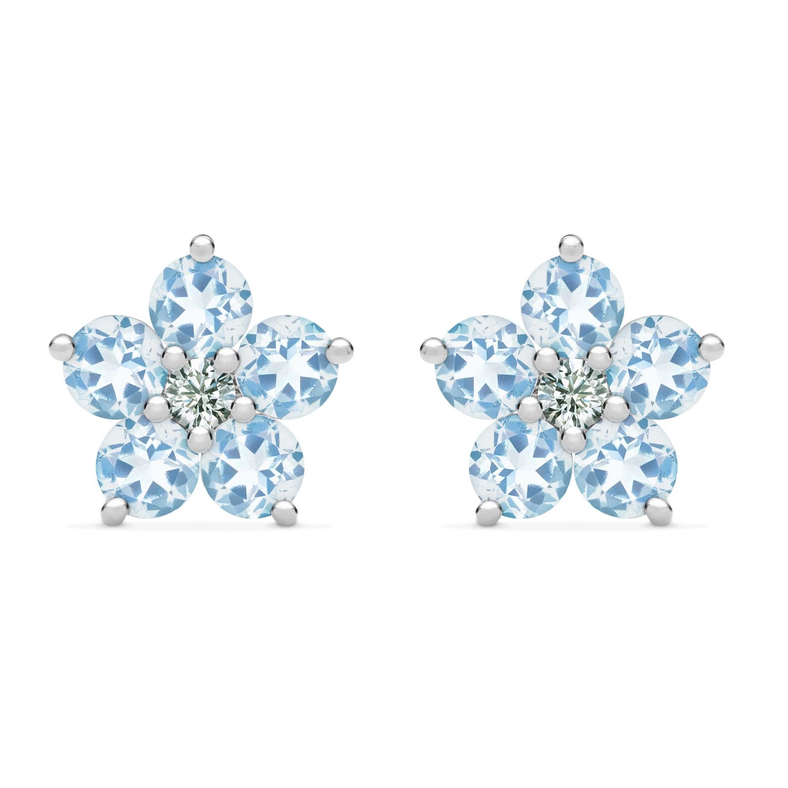 Pair of 14k white gold Greenwich 5 Birthstone earrings each featuring five 4 mm Aquamarines and one 2.1 mm diamond