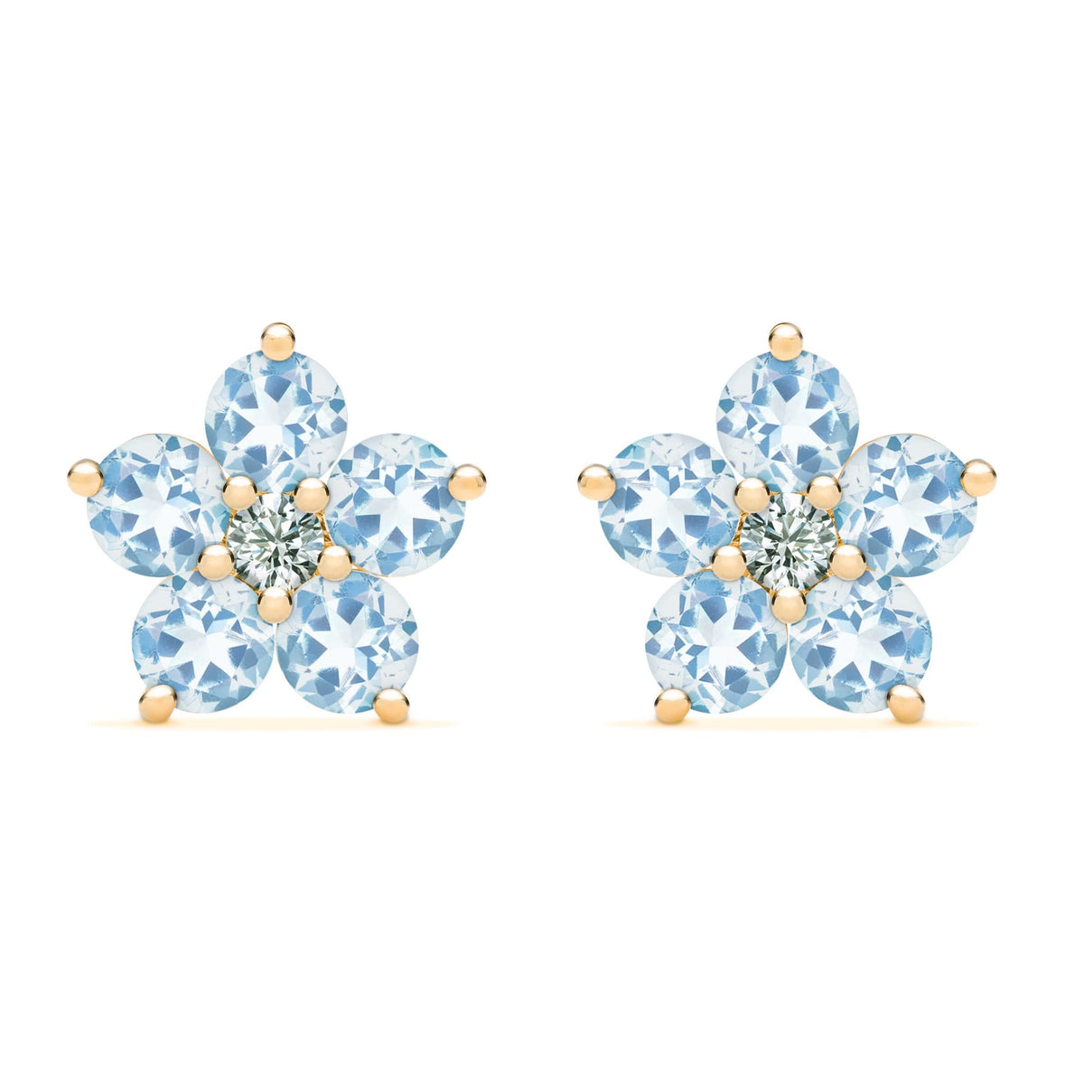 Pair of 14k yellow gold Greenwich 5 Birthstone earrings each featuring five 4 mm Aquamarines and one 2.1 mm diamond