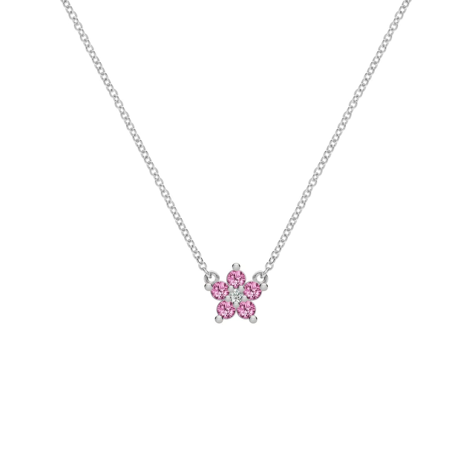 Greenwich Mini Flower Pink Sapphire & Diamond Necklace in 14k Gold (October)