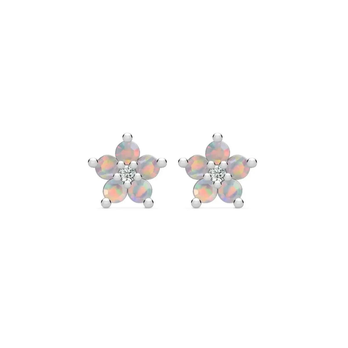 Greenwich Mini Flower Opal & Diamond Earrings in 14k Gold (October)