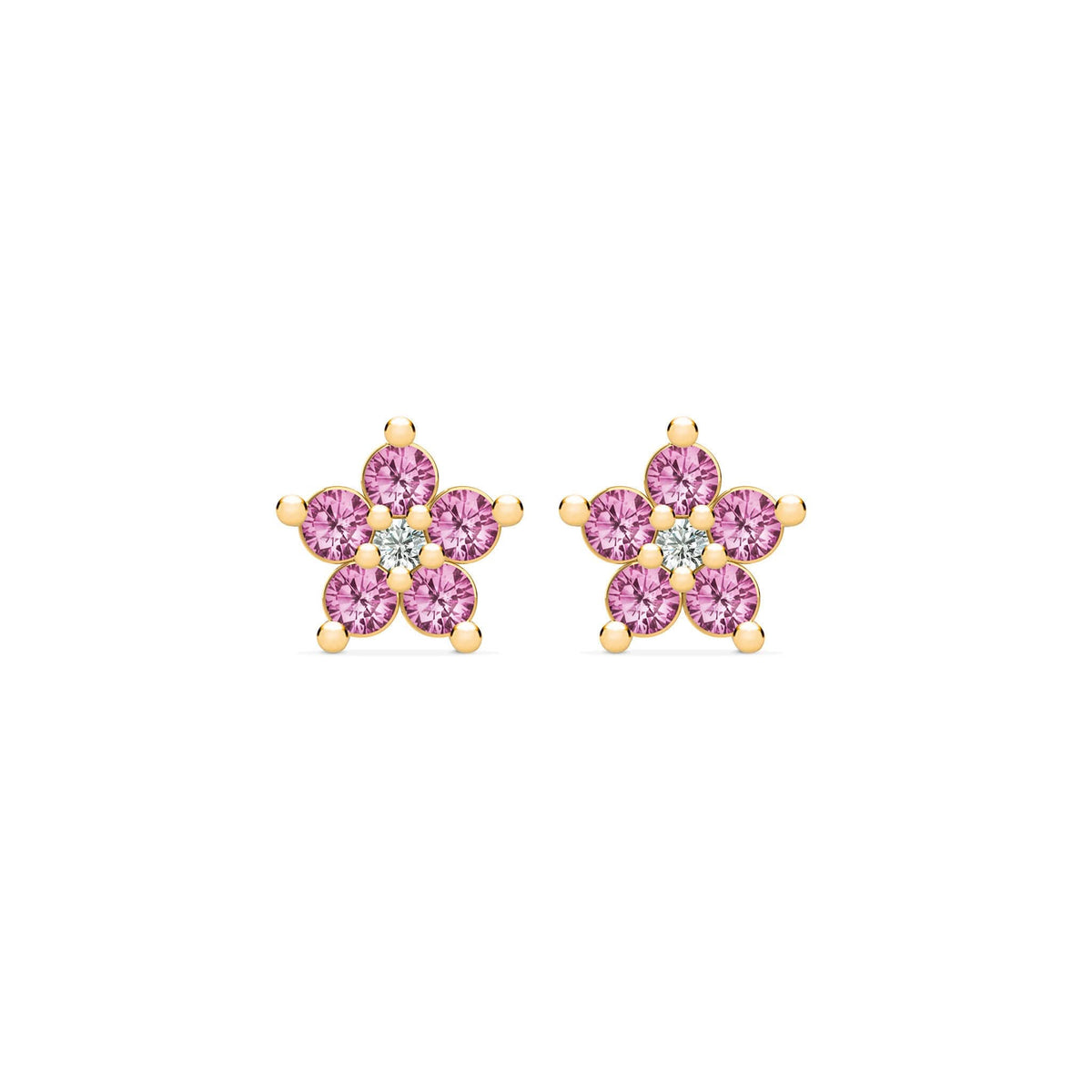 Greenwich Mini Flower Pink Sapphire & Diamond Earrings in 14k Gold (October)