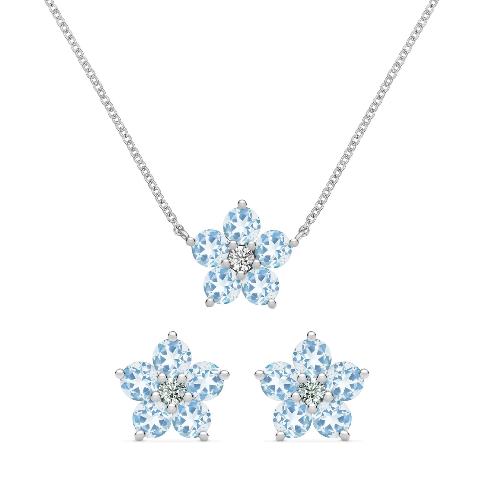 Greenwich Flower Aquamarine & Diamond Necklace and Earrings Set in 14k Gold (March)