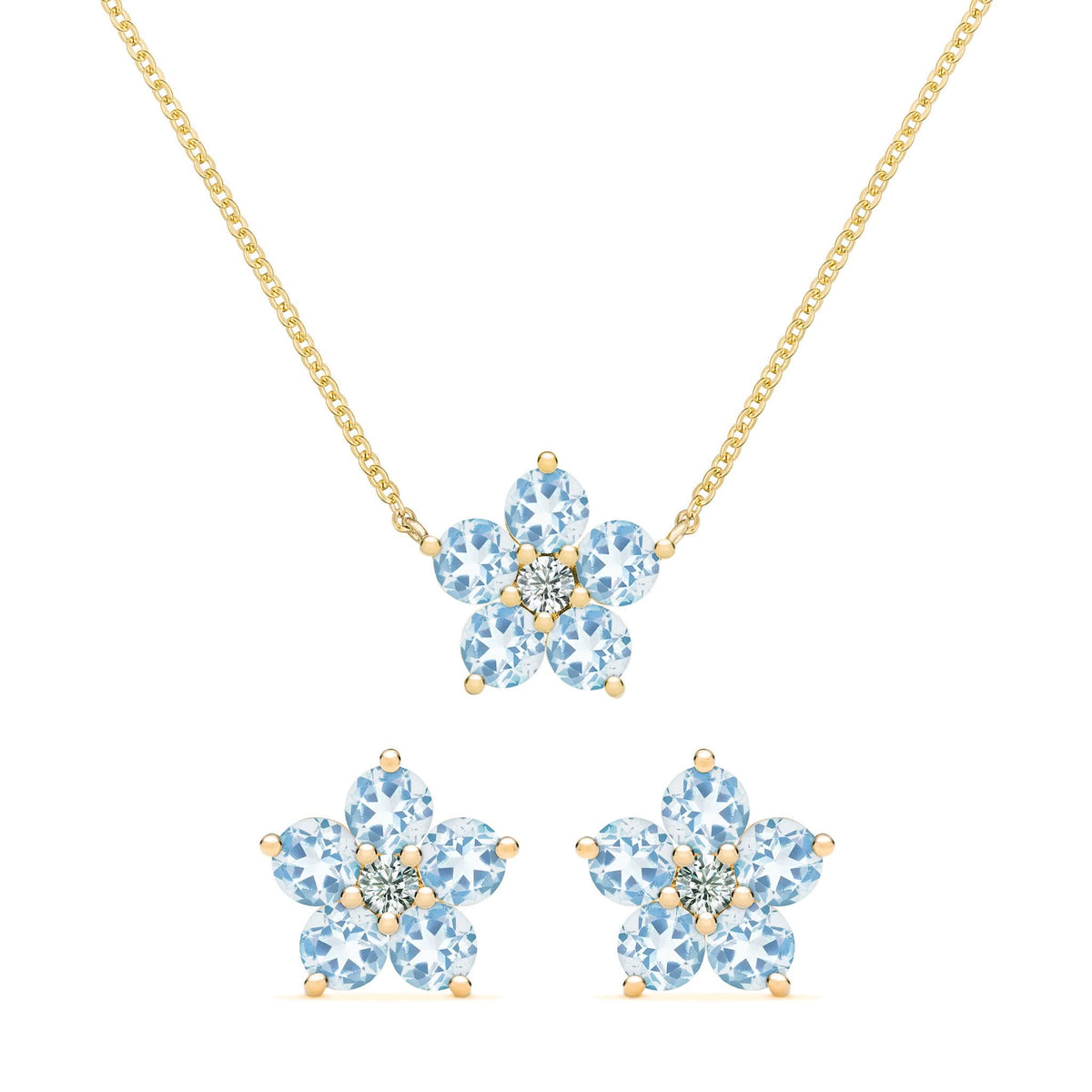 Greenwich Flower Aquamarine & Diamond Necklace and Earrings Set in 14k Gold (March)