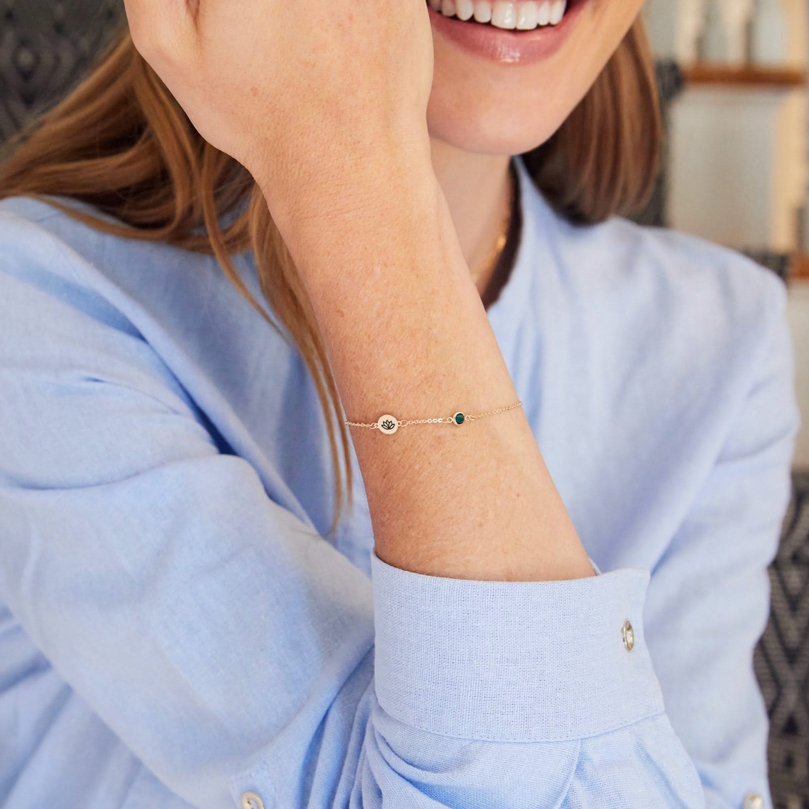 Lotus Disc & Petite 1 Birthstone Bracelet in 14k Gold