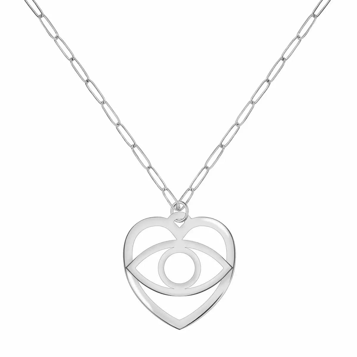 White gold 26mm x 25mm large Evil Eye Heart Pendant displayed on Adelaide Mini chain.