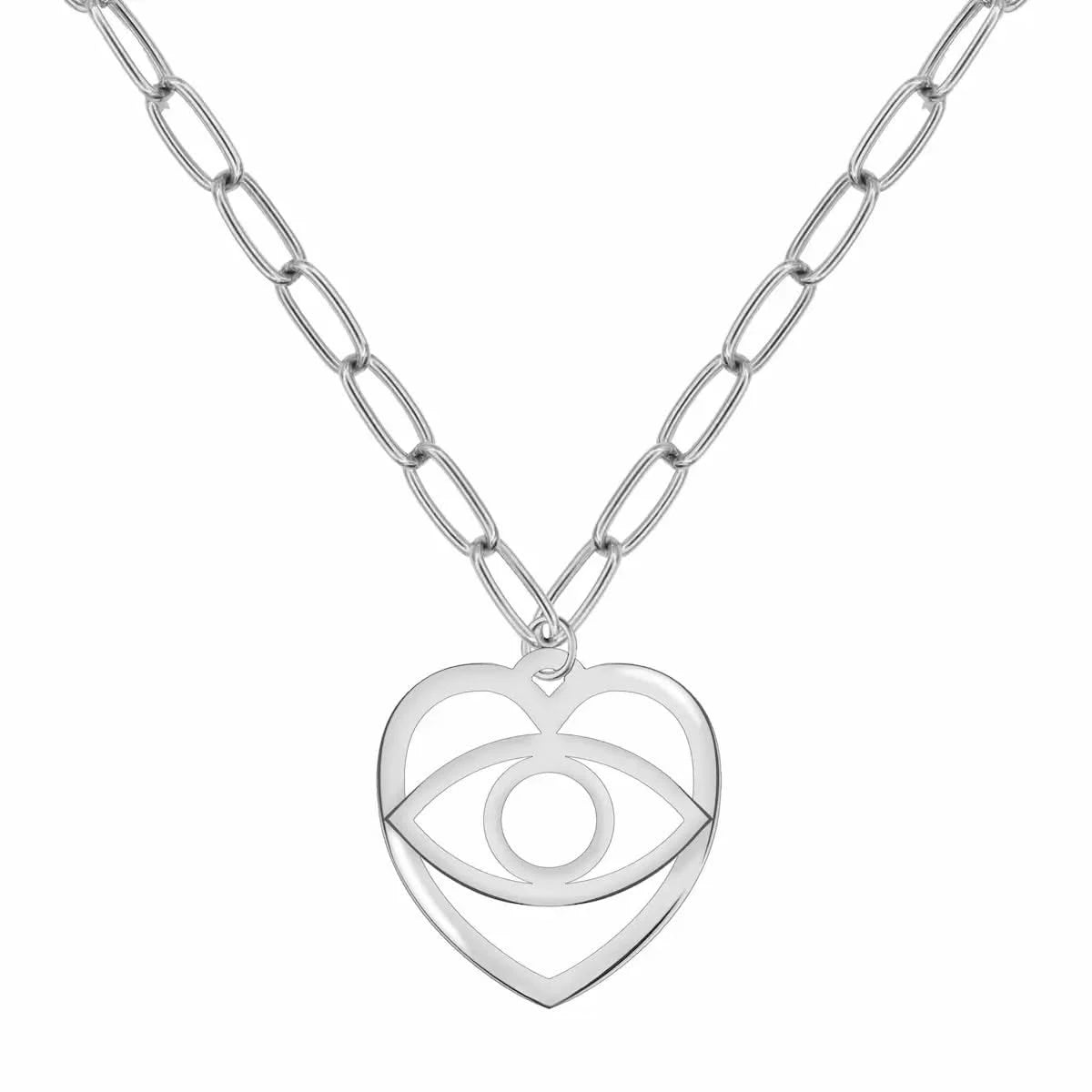 White gold 26mm x 25mm large Evil Eye Heart Pendant displayed on Adelaide chain.