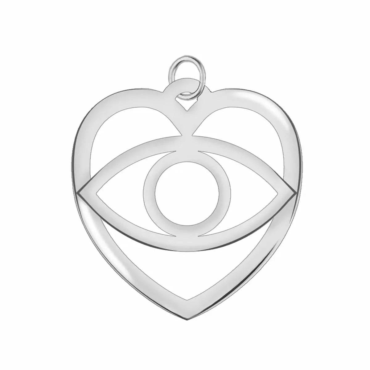 White gold 26mm x 25mm Evil Eye Heart Pendant shown without a chain, highlighting cut-out eye and heart motif - front view.