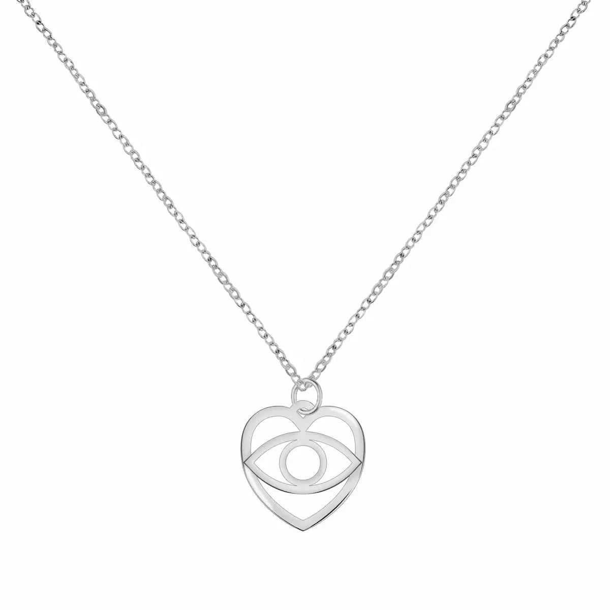 Small flat heart pendant in white 14k gold featuring a cut-out evil eye, shown on a fine Saffron cable chain.