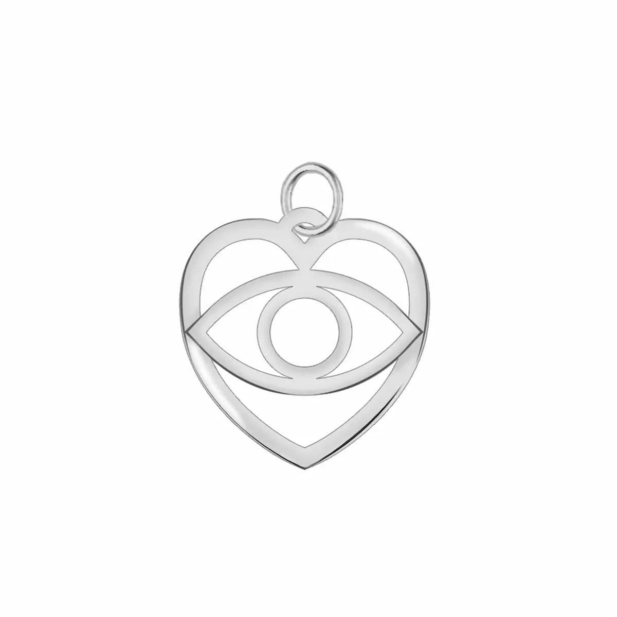 Small white gold flat heart pendant with evil eye cut-out shown without a chain, highlighting its symbolic design and standalone versatility.