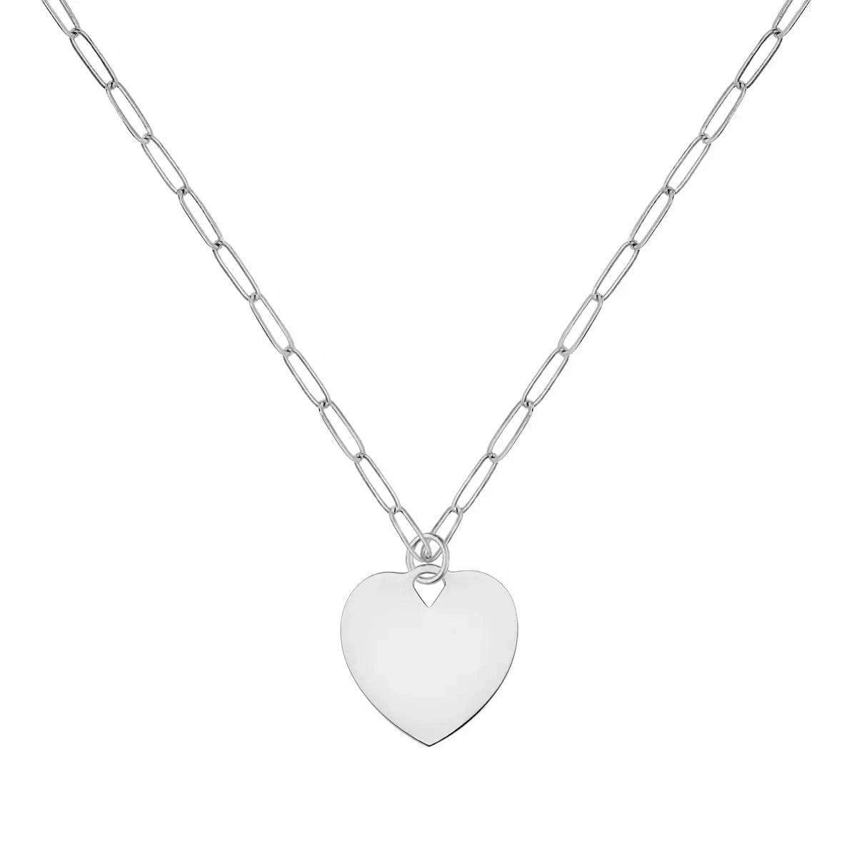 14k white gold Adelaide Mini chain necklace featuring one 16 x 15 mm engravable small flat heart pendant - front view
