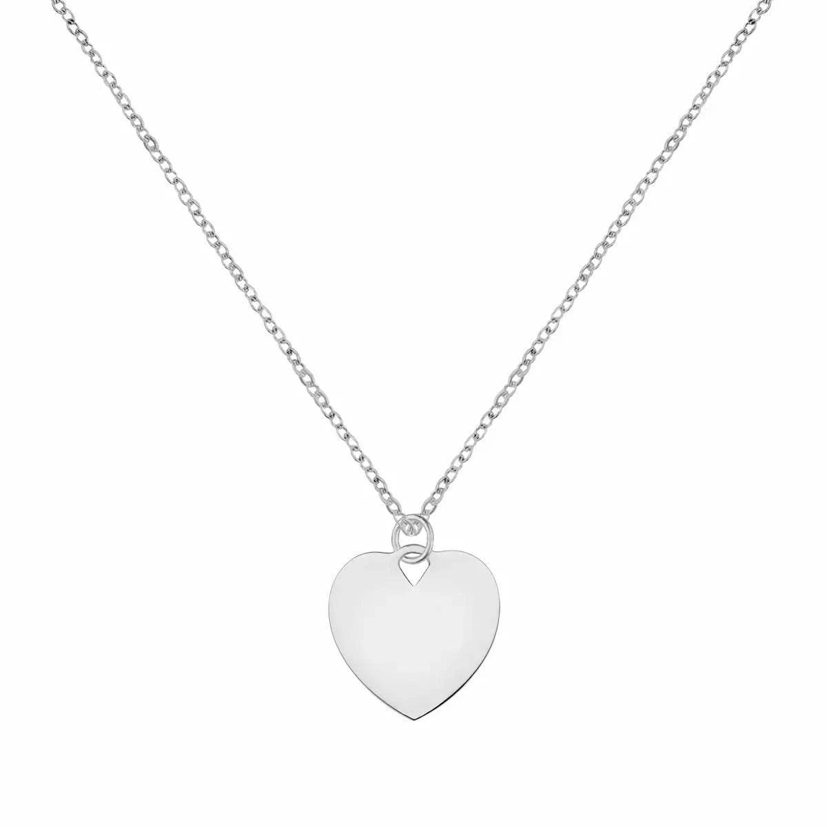 14k white gold cable chain necklace featuring one 16 x 15 mm small flat heart pendant engraved with the letter A - front view