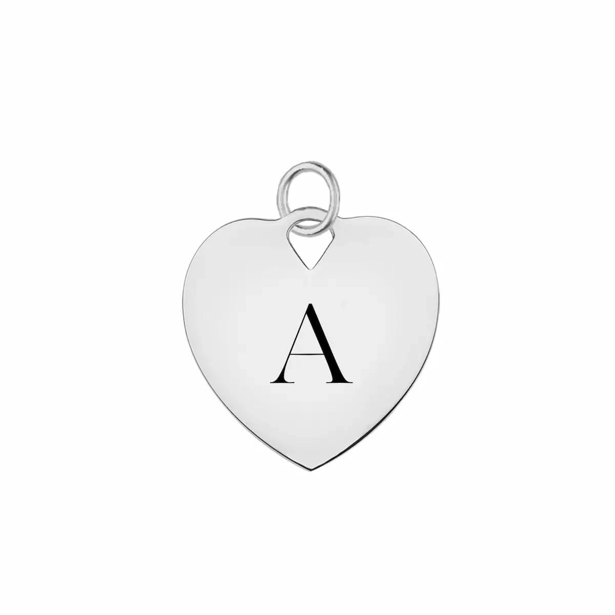 14k white gold 16 x 15 mm small flat heart pendant engraved with the letter A - front view