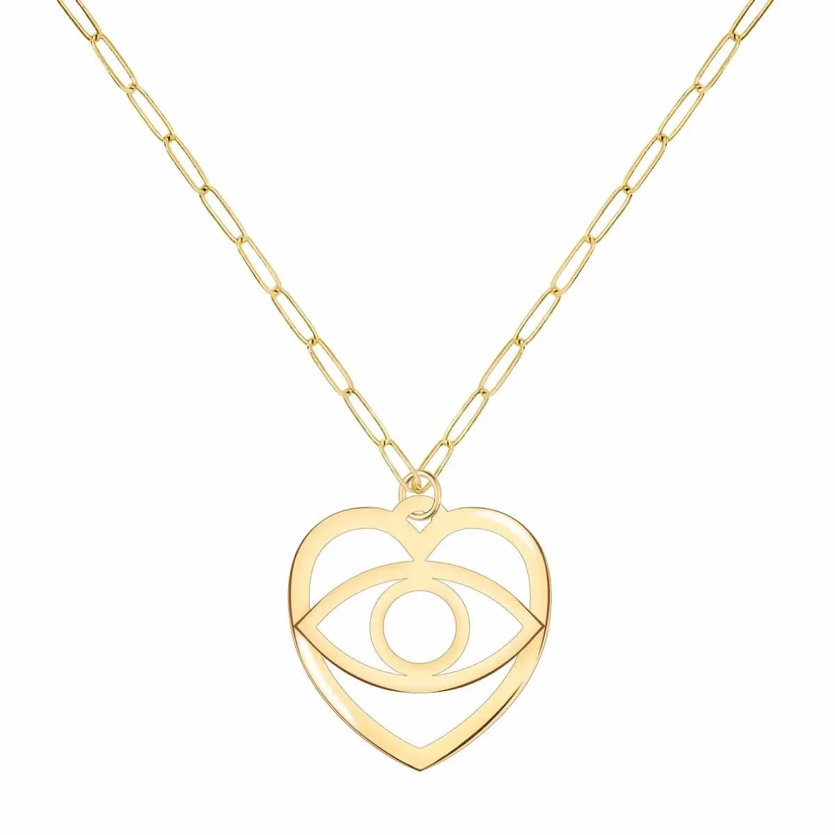 Yellow gold 26mm x 25mm large Evil Eye Heart Pendant styled on Adelaide Mini chain.