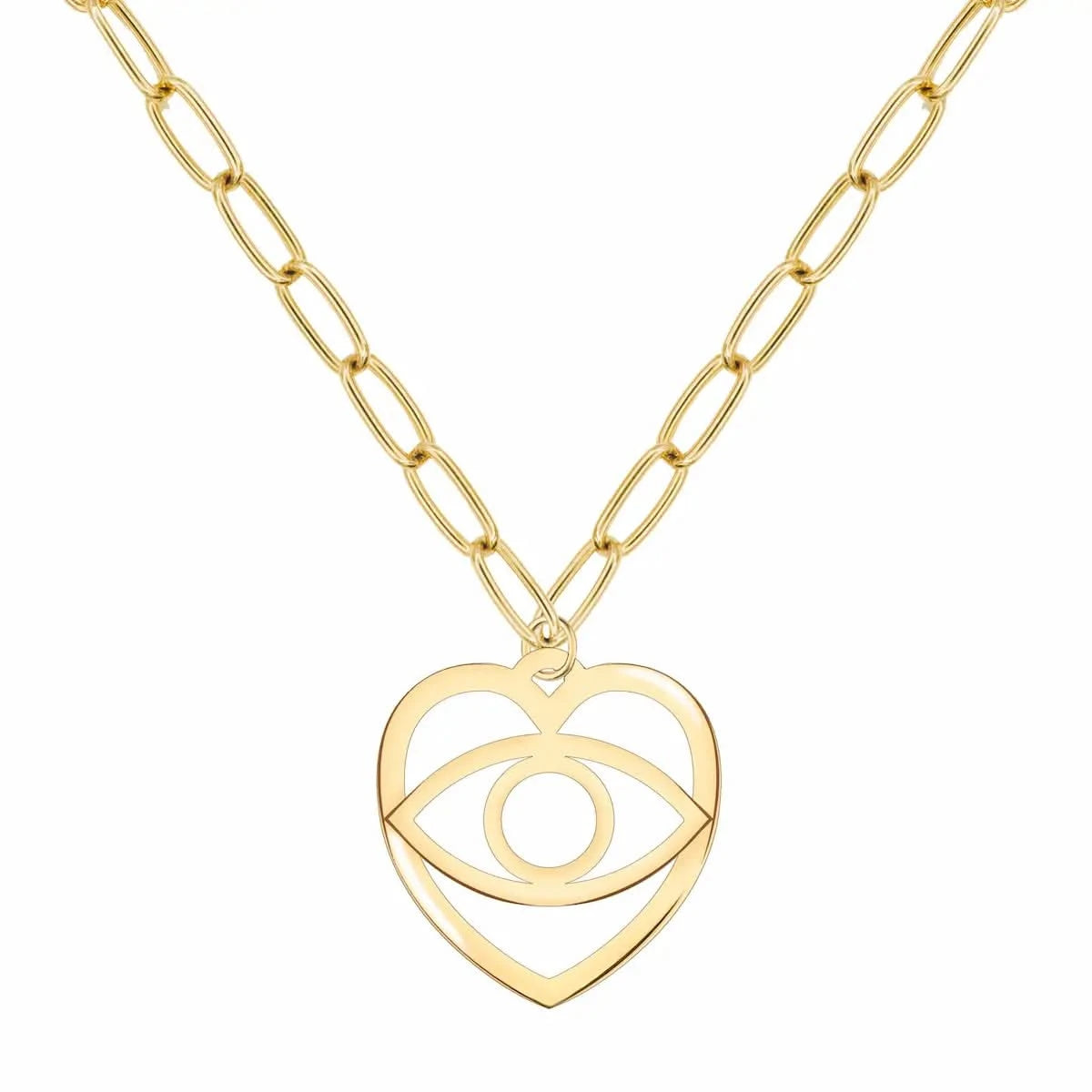 Yellow gold 26mm x 25mm large flat Evil Eye Heart Pendant on Adelaide chain, featuring a cut-out eye design symbolizing protection.