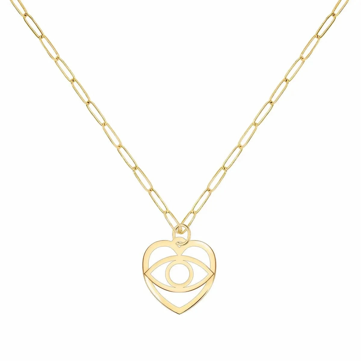 Yellow gold evil eye heart pendant on an Adelaide Mini chain, combining meaningful design with lightweight daily comfort.