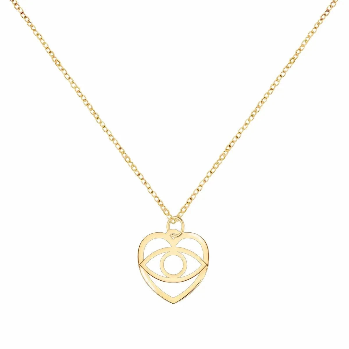 Small flat heart pendant in yellow 14k gold featuring a cut-out evil eye, shown on a fine Saffron cable chain.