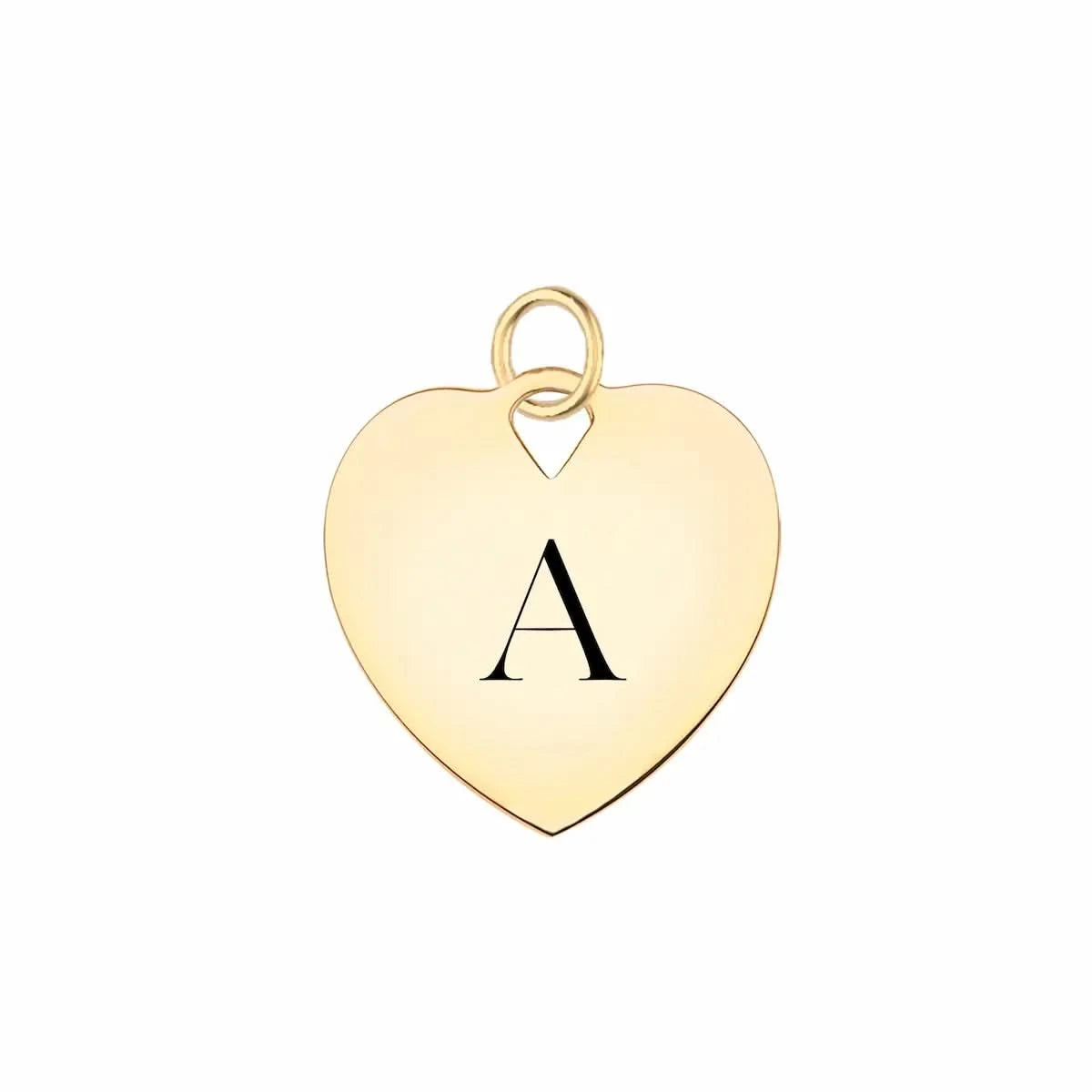 14k yellow gold 16 x 15 mm small flat heart pendant engraved with the letter A - front view