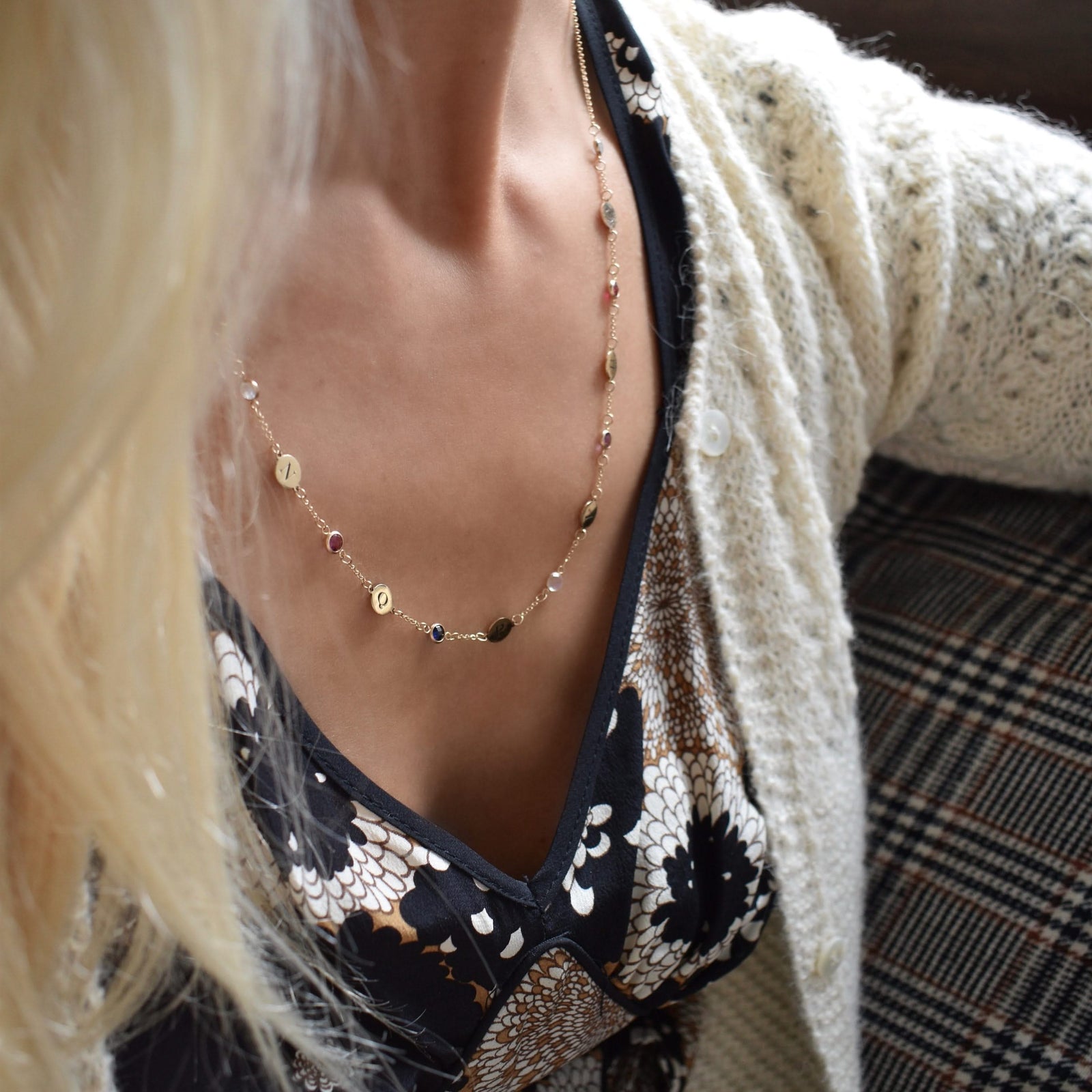 7 Letter & 7 Petite Birthstone Necklace in 14k Gold (Single Spacing)