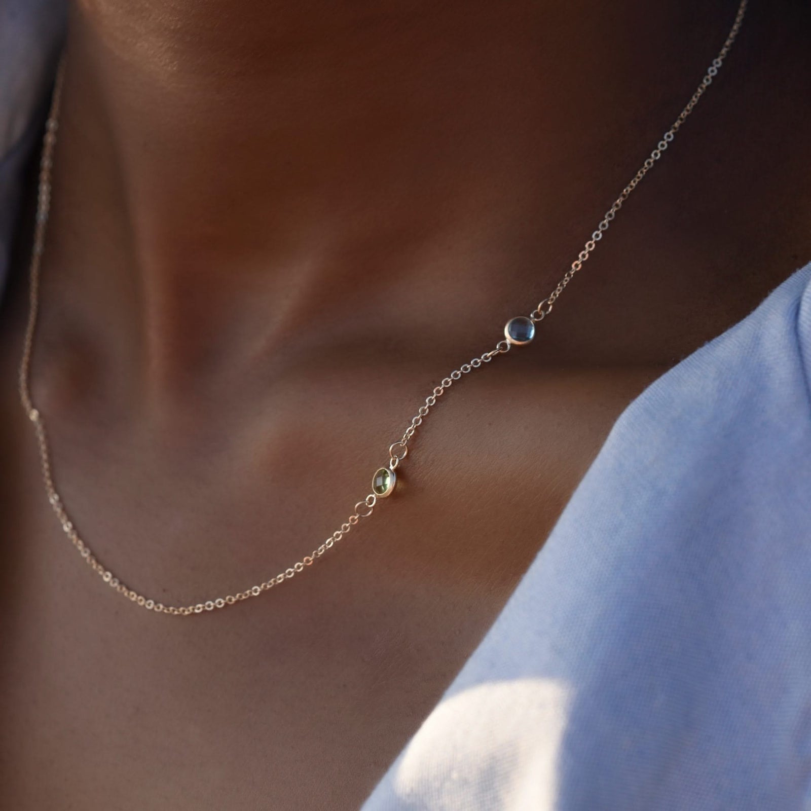 Petite 2 Birthstone Necklace in 14k Gold