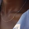Woman wearing Haverhill Classic 2 Birthstone Necklace. Sparkly briolette cut birthstone gemstones in 14k gold bezels on dainty chain.