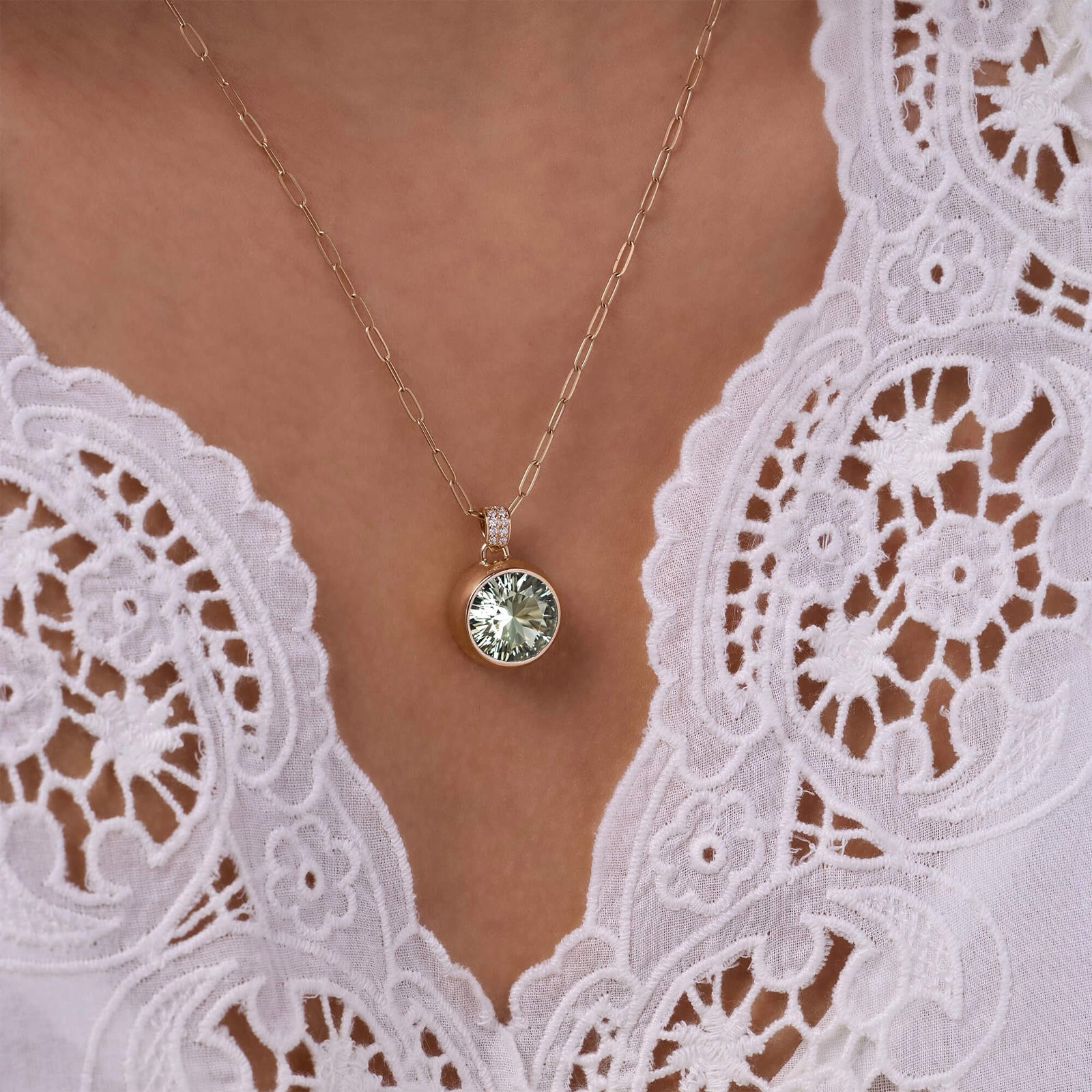 Jamestown Green Amethyst Pendant with Diamond Bail in 14k Gold (February)