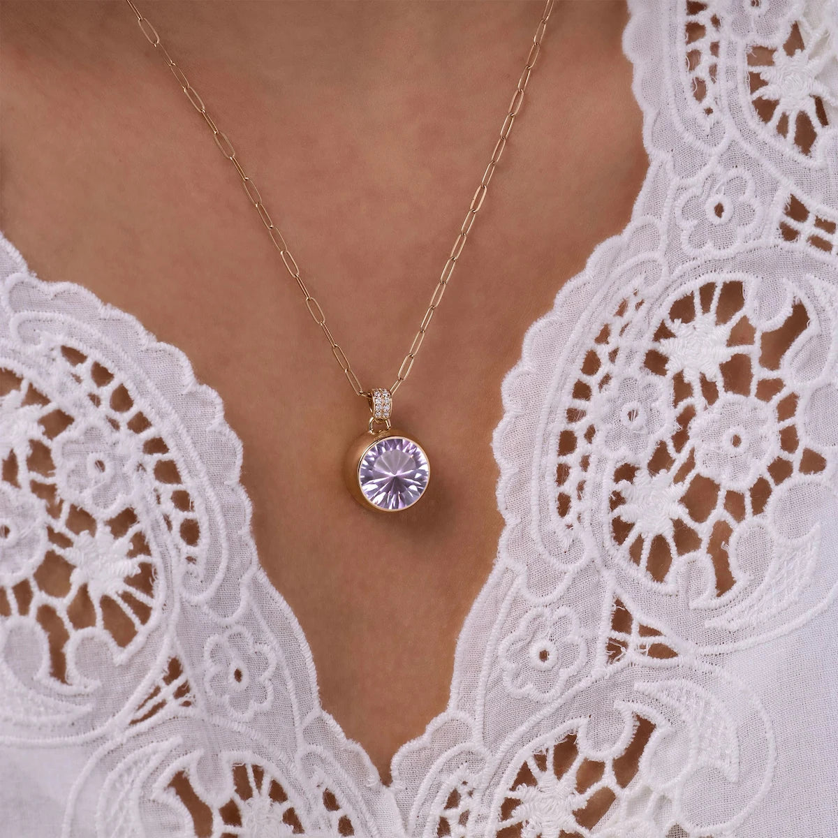 Jamestown Rose de France Amethyst Pendant with Diamond Bail in 14k Gold (February)