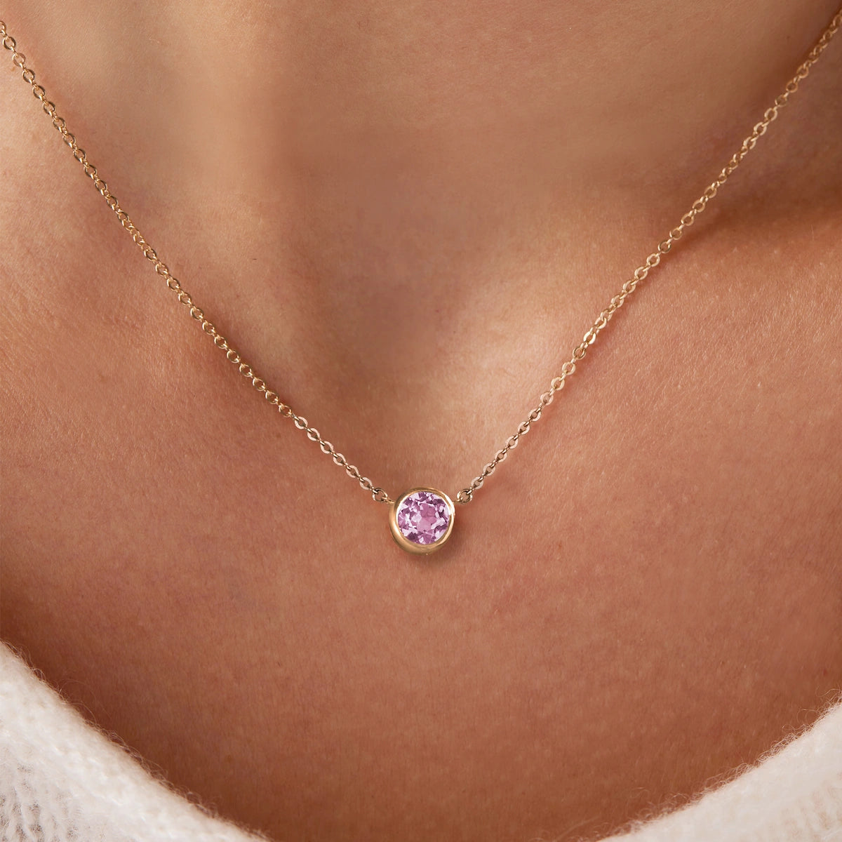 Jamestown Pink Sapphire Solitaire Necklace in 14k Gold (October)