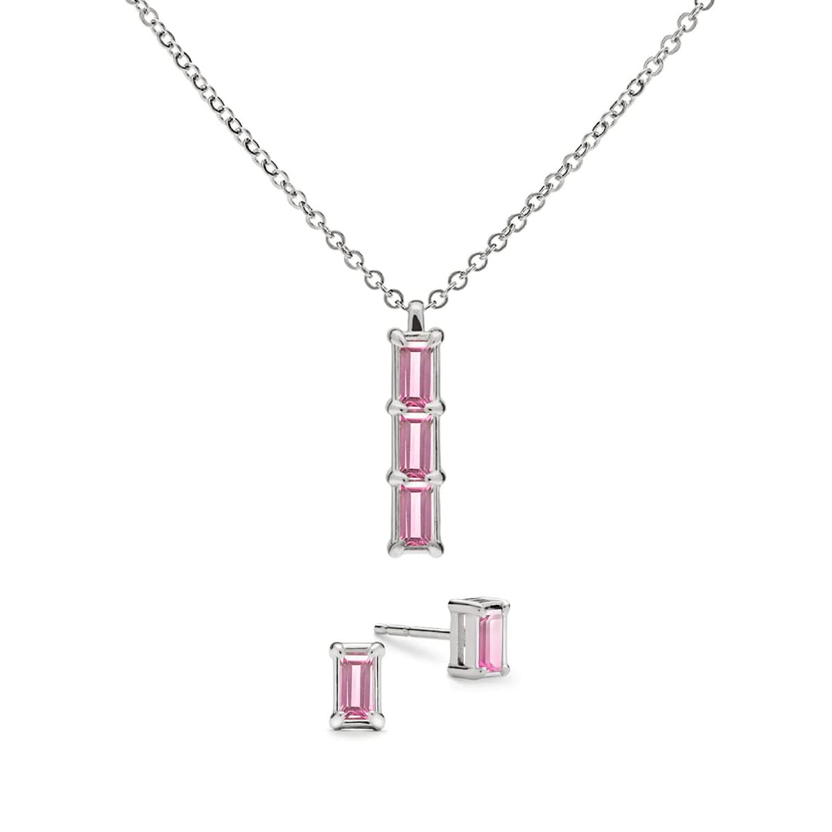Providence 3 Pink Sapphire pendant and stud earrings set with petite baguette stones set in 14k white gold