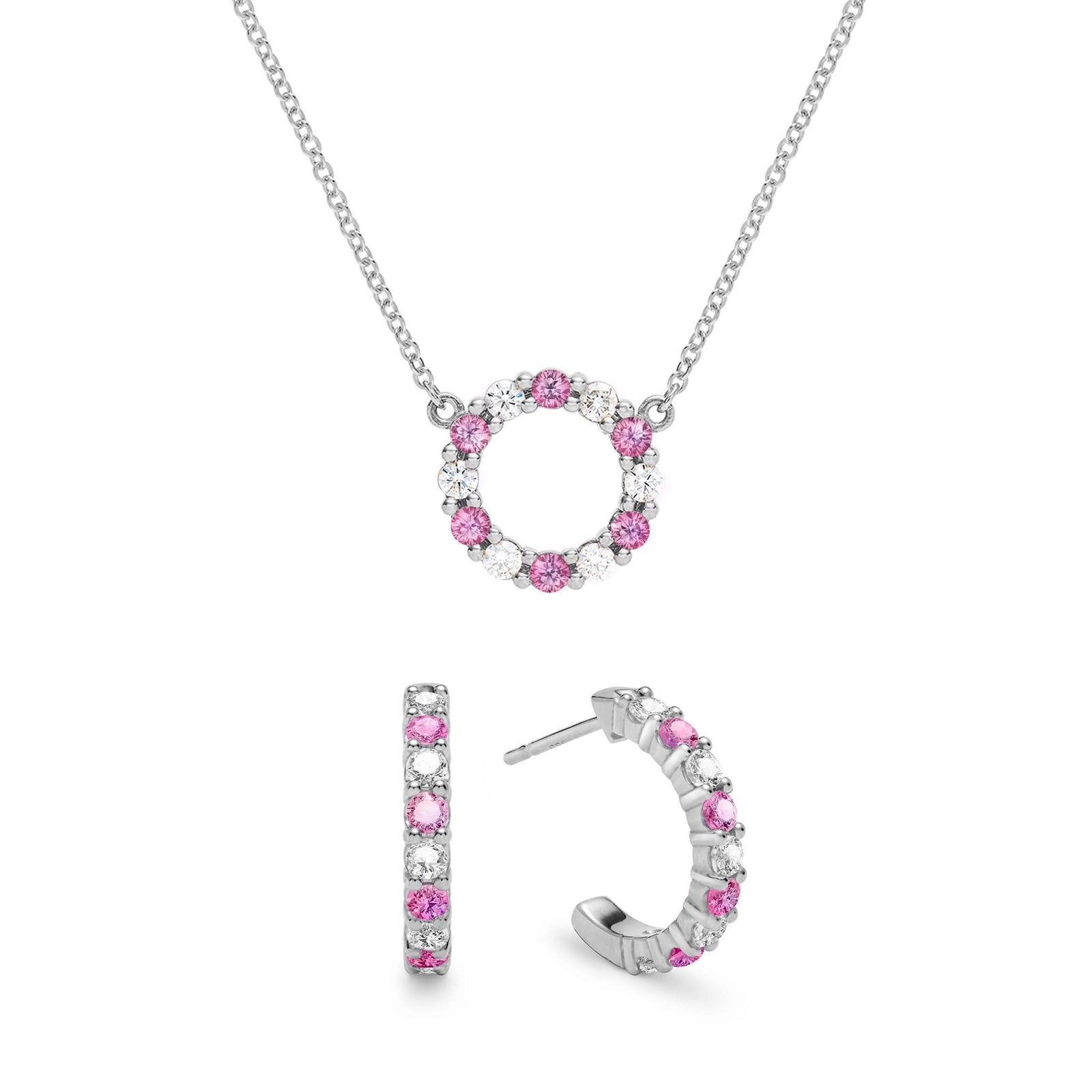 White gold Rosecliff small open circle necklace and huggie earrings with alternating 2 mm diamonds & pink sapphires