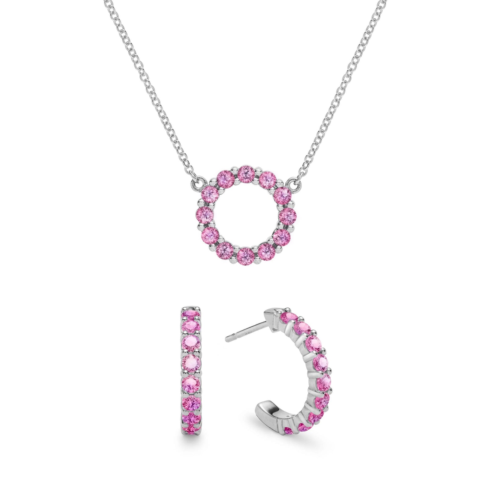 Rosecliff small open circle necklace and huggie earrings featuring 2 mm pink sapphires prong set in 14k white gold