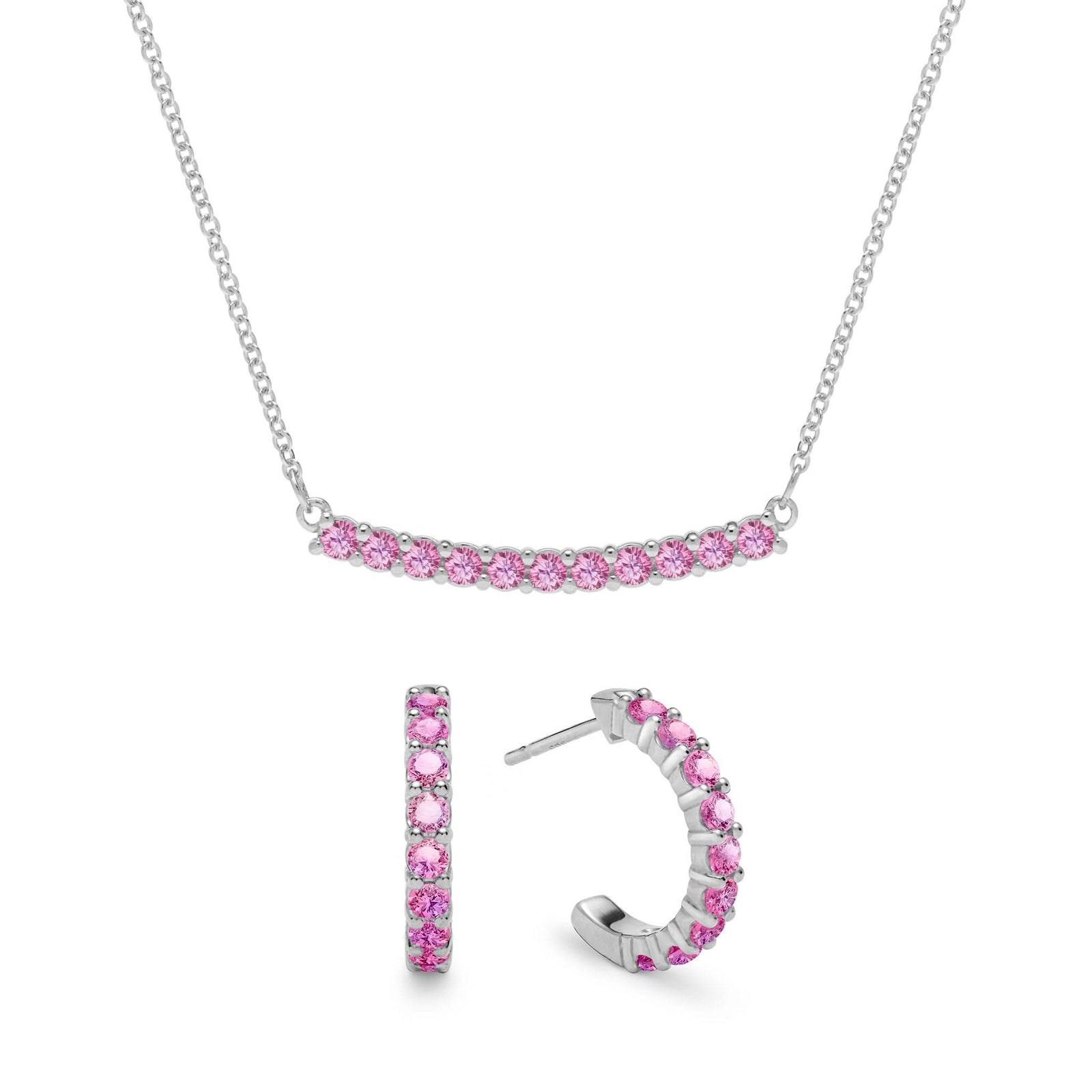 Rosecliff bar necklace and huggie earrings featuring 2 mm faceted round cut pink sapphires prong set in 14k white gold