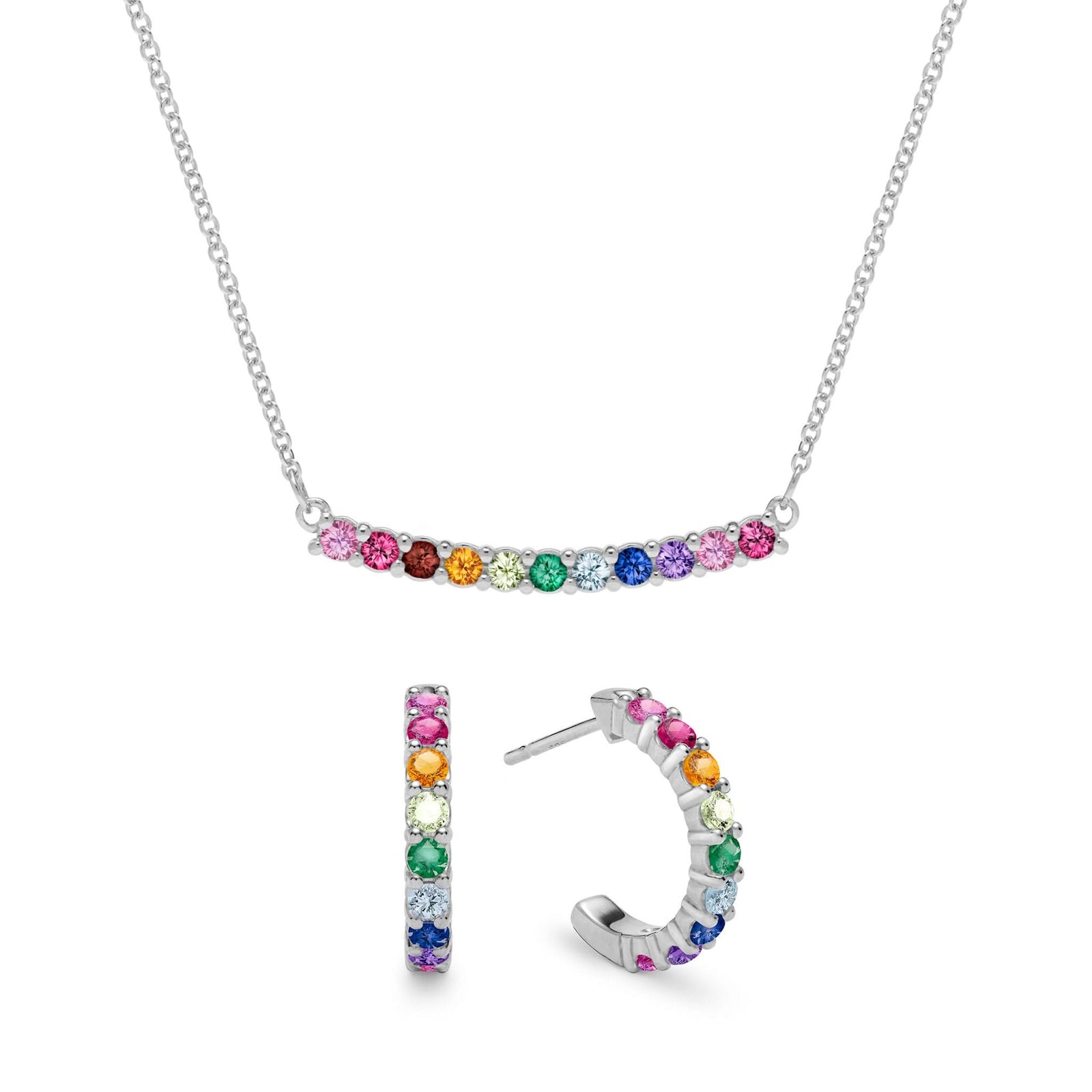 Rainbow Rosecliff Bar Necklace and Huggie Hoop Earrings Set in 14k Gold