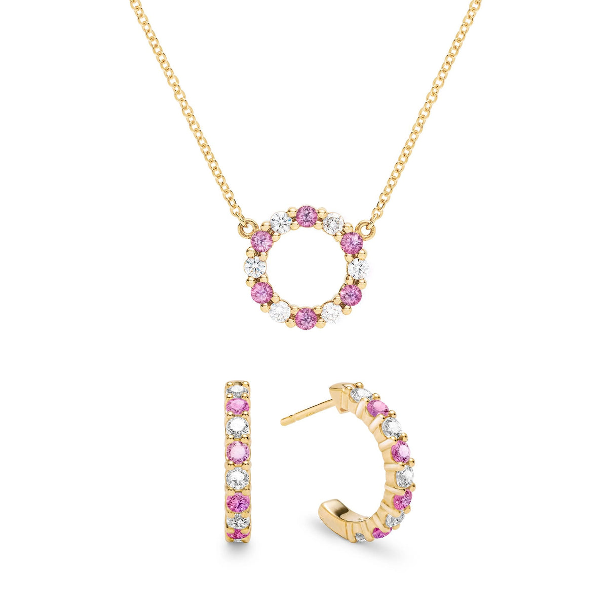 Gold Rosecliff small open circle necklace and huggie earrings with alternating 2 mm diamonds & pink sapphires - front view