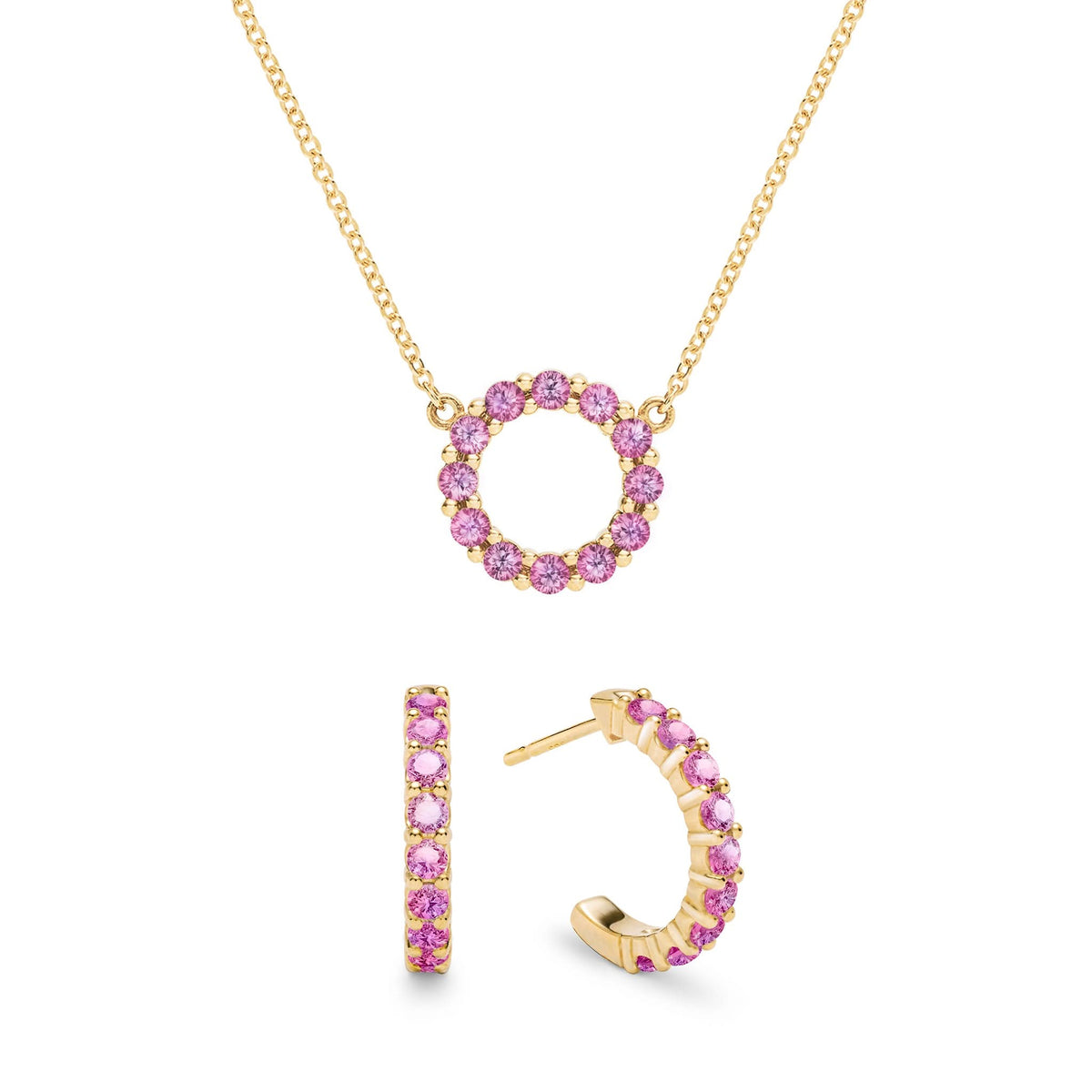 Rosecliff small open circle necklace and huggie earrings featuring 2 mm pink sapphires prong set in 14k gold - front view