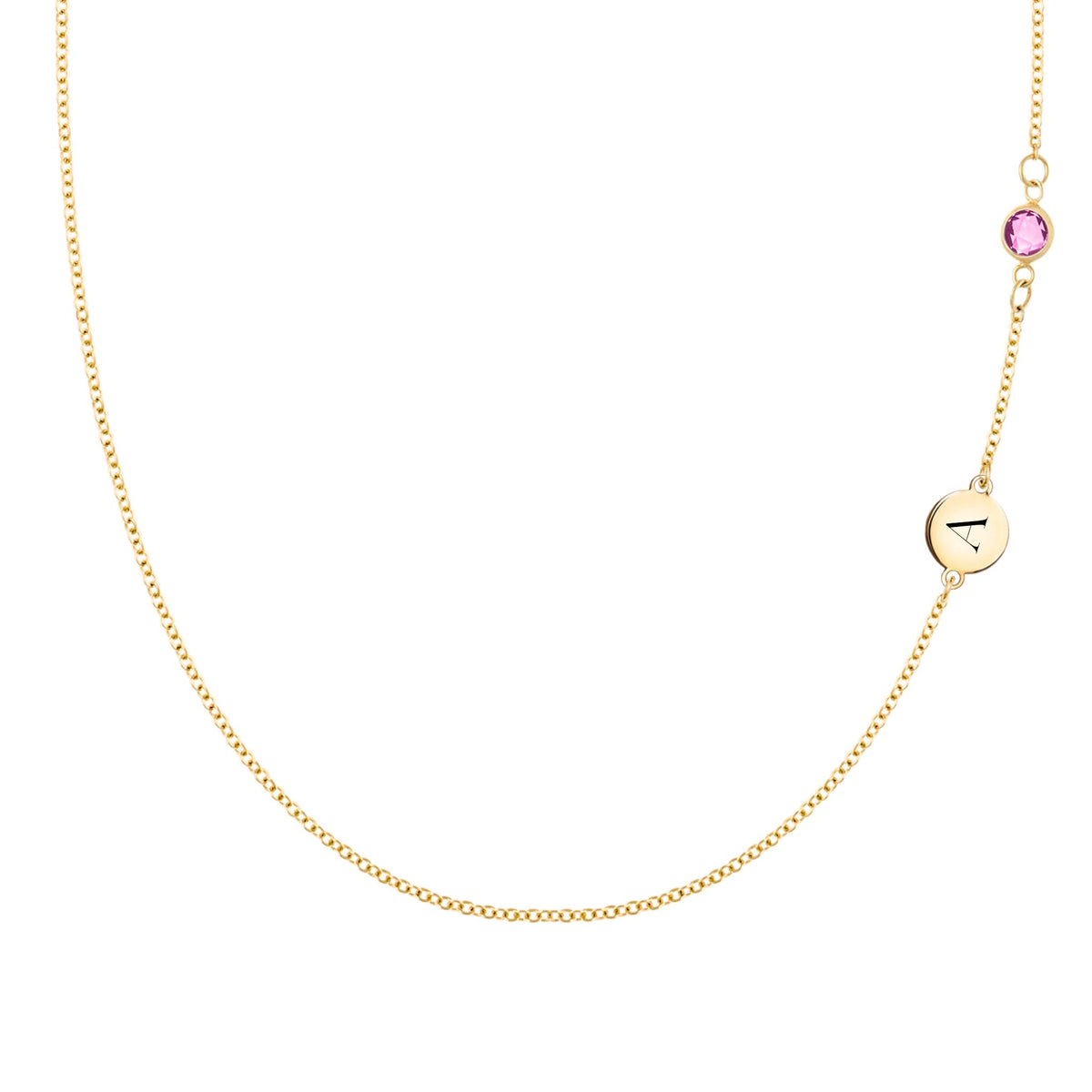 1 Letter & 1 Petite Pink Sapphire Necklace in 14k Gold (October)