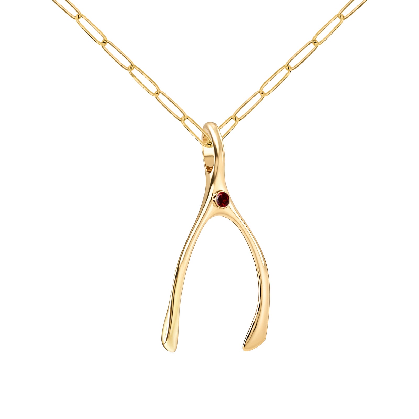 Large Garnet Wishbone Pendant in Solid 14k Gold (January)