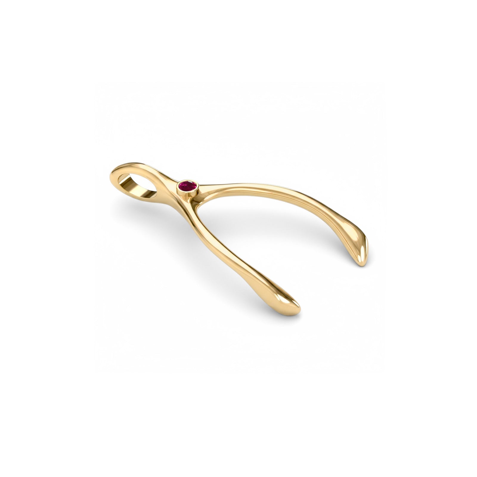 Large Ruby Wishbone Pendant in Solid 14k Gold (July)