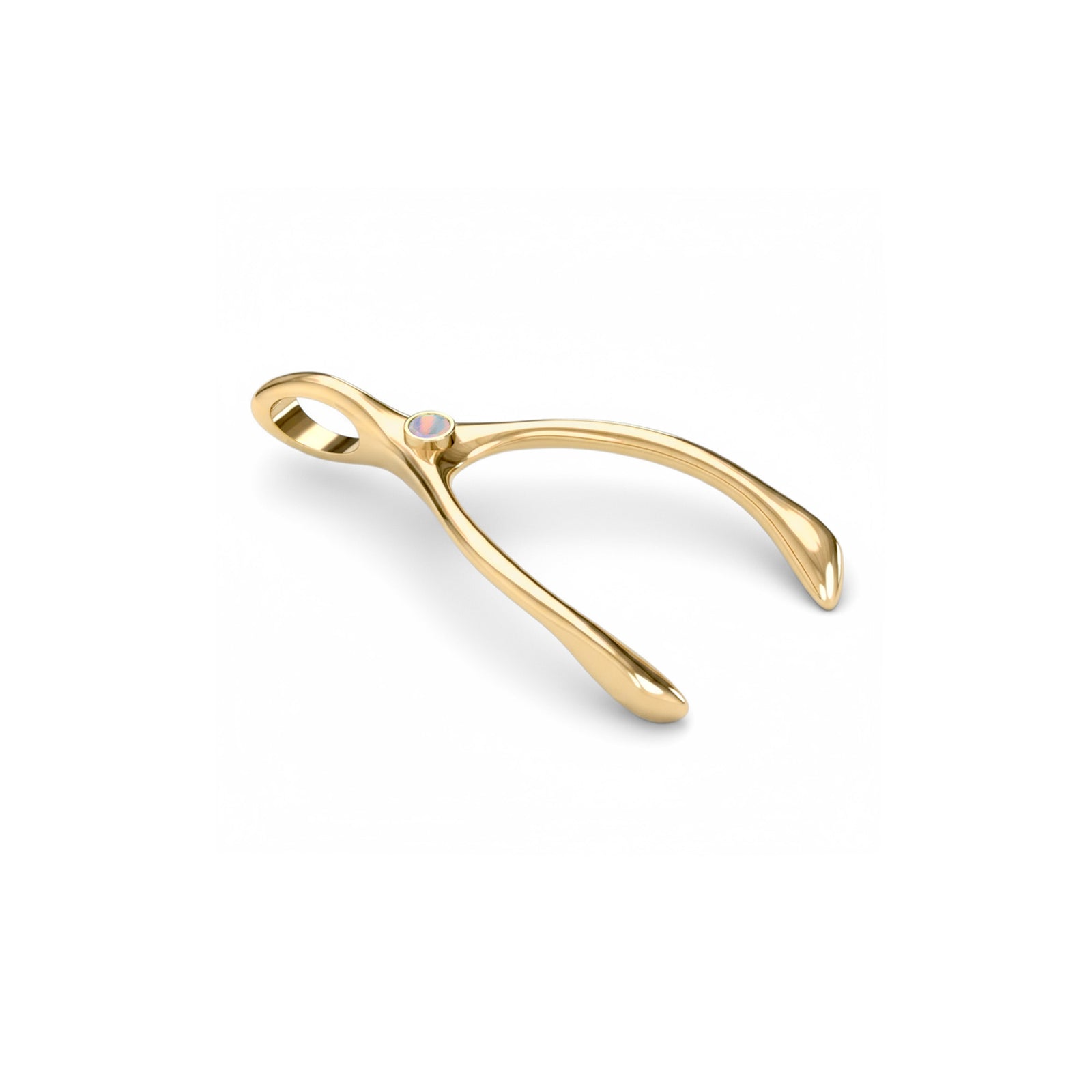 Large Opal Wishbone Pendant in Solid 14k Gold (October)