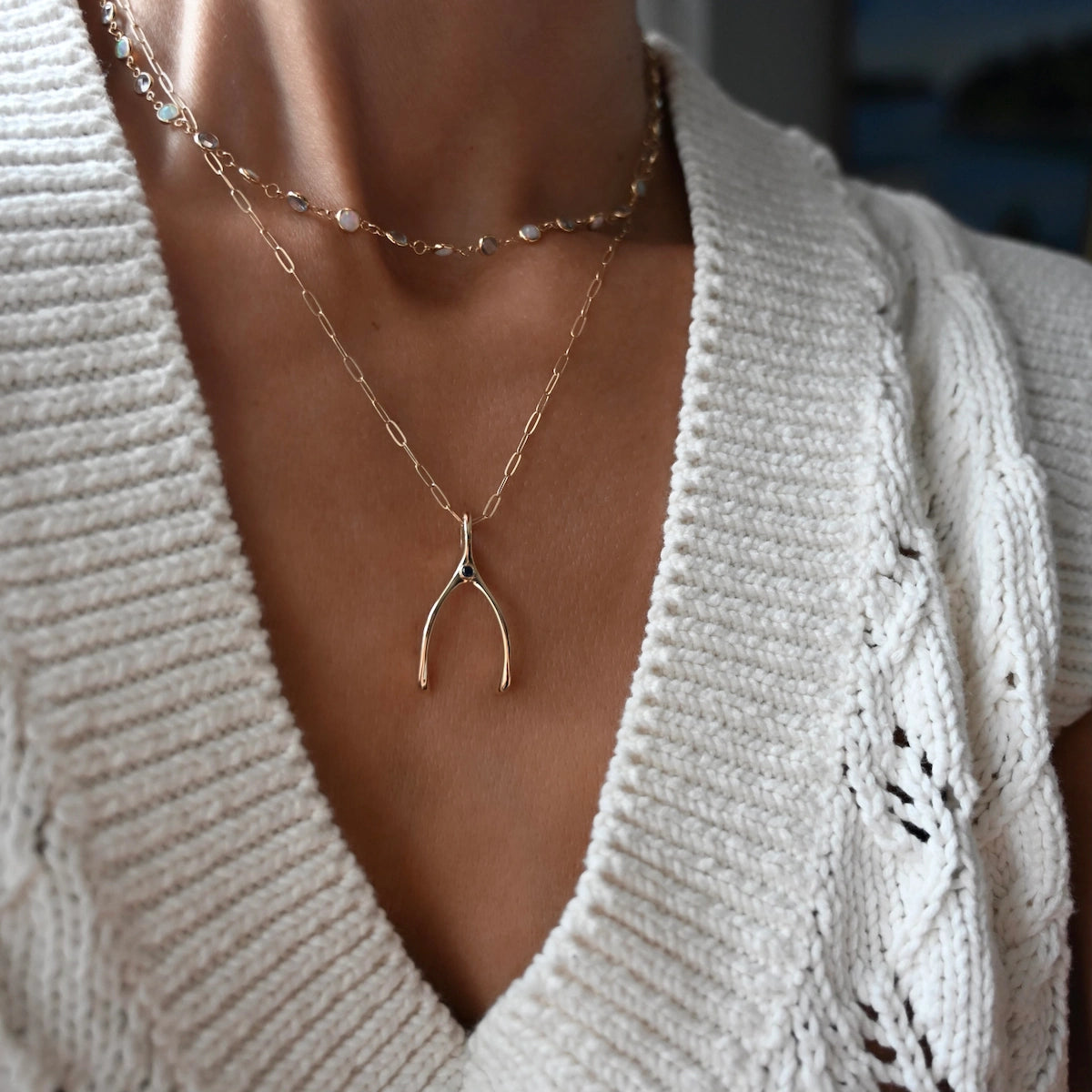 Large Wishbone Birthstone Pendant in 14K Gold