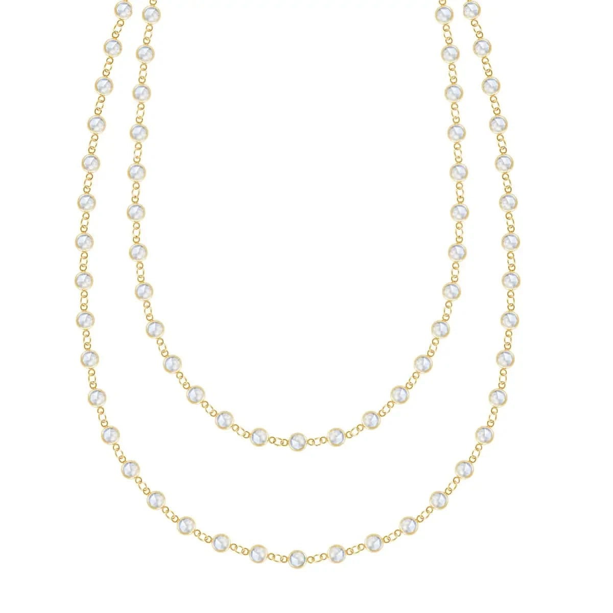 Newport Wrap necklace featuring 4 mm briolette cut moonstones bezel set in 14k yellow gold - front view