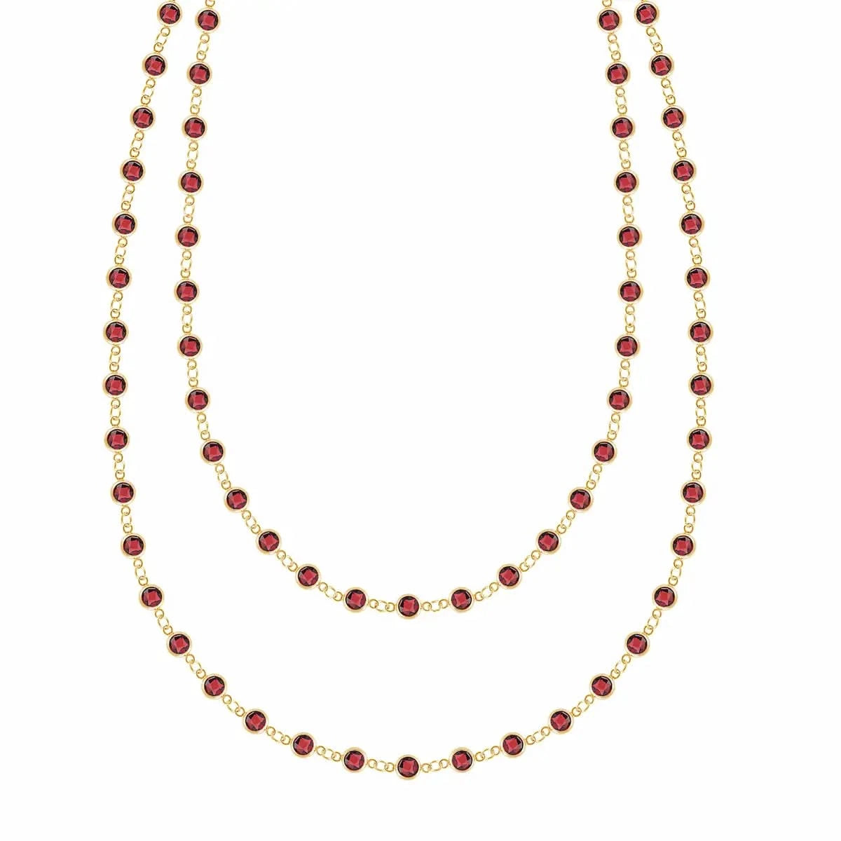 Newport Wrap necklace featuring 4 mm briolette cut garnets bezel set in 14k yellow gold - front view