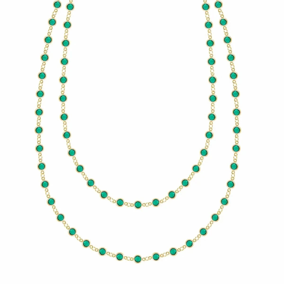 Newport Wrap necklace featuring 4 mm briolette cut emeralds bezel set in 14k yellow gold - front view