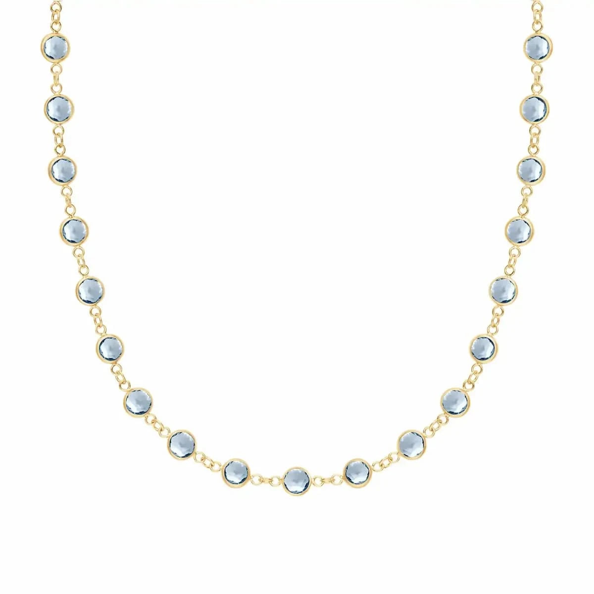 Newport necklace featuring bezel-set aquamarines in 14k yellow gold – front view.