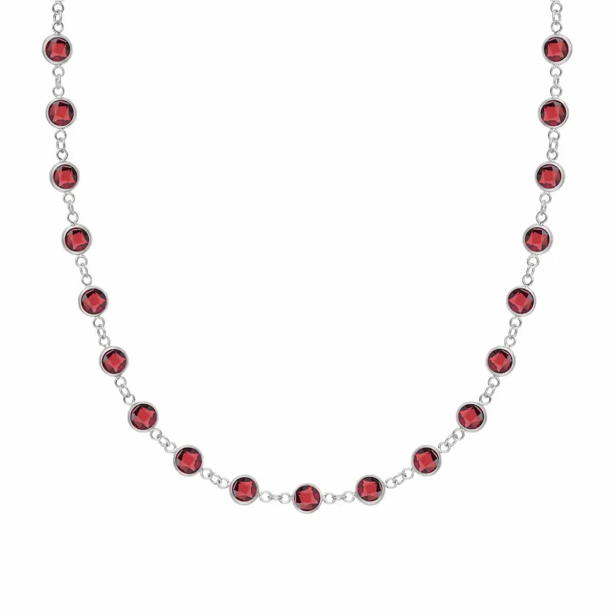 Newport necklace with nineteen garnets bezel-set in 14k white gold.