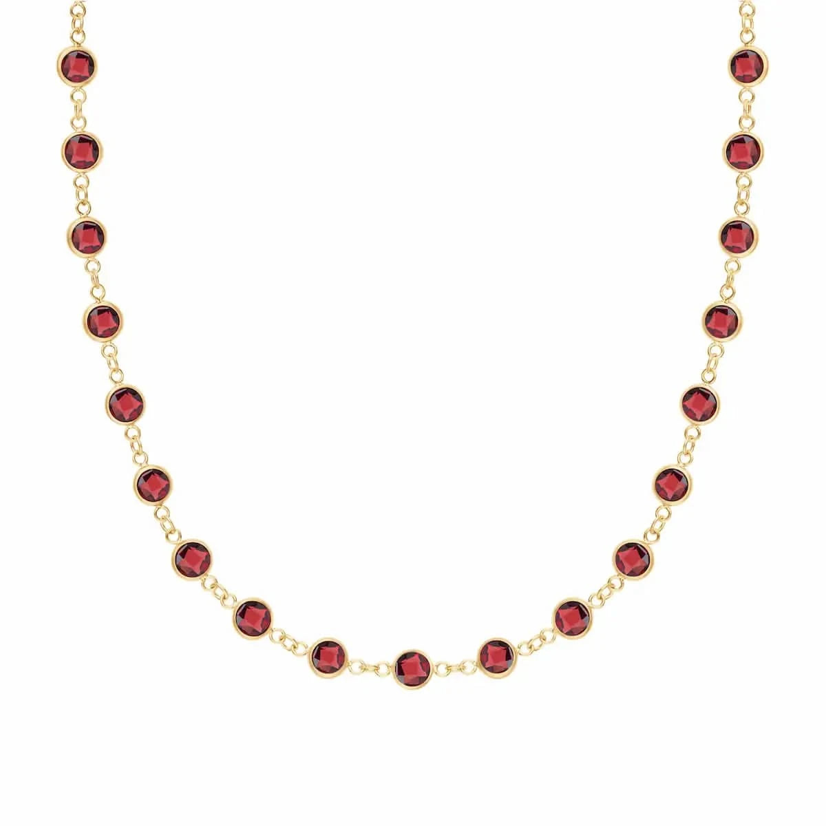 Newport necklace featuring nineteen 4mm garnets bezel-set in 14k yellow gold – front view, close-up