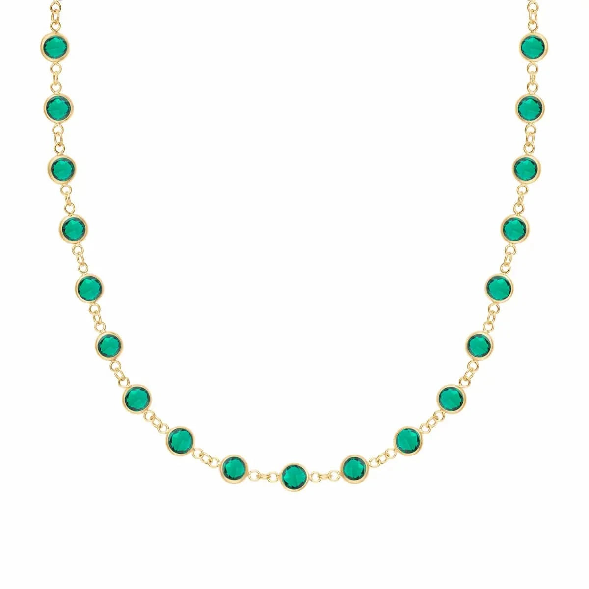 Newport necklace featuring nineteen 4 mm briolette cut emeralds bezel set in 14k yellow gold - front view