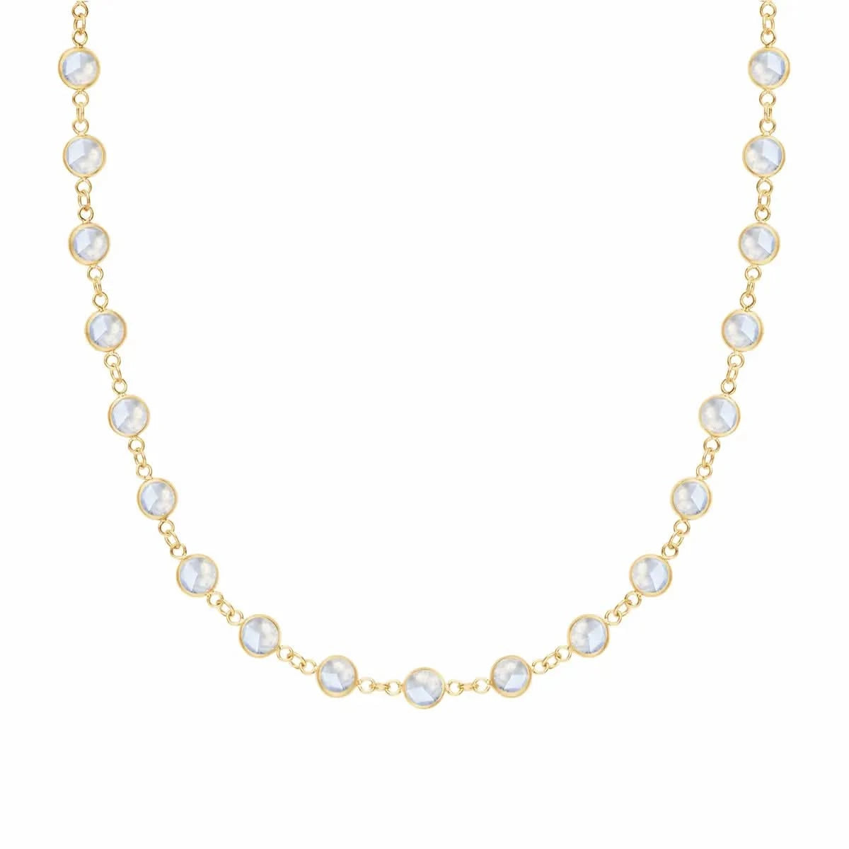 Newport necklace featuring nineteen 4 mm briolette cut moonstones bezel set in 14k yellow gold - front view