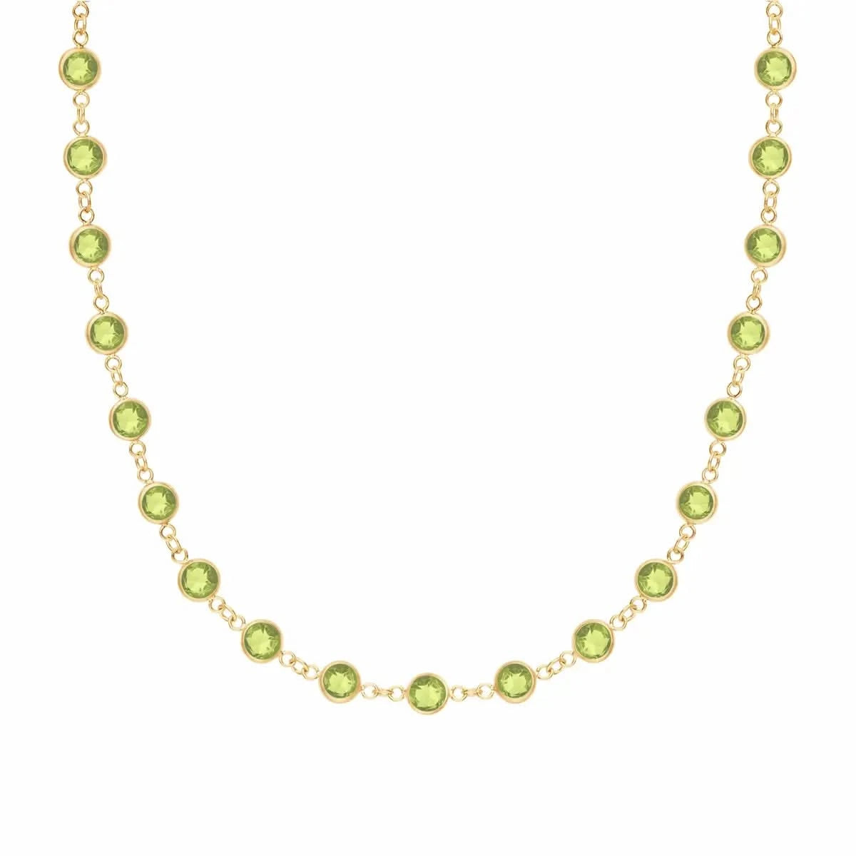 Newport necklace featuring nineteen 4 mm briolette cut peridots bezel set in 14k yellow gold - front view