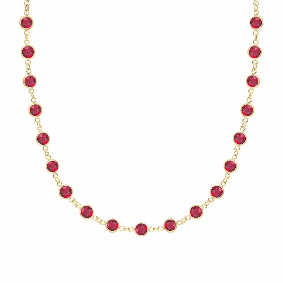 Newport necklace featuring nineteen 4 mm briolette cut rubies bezel set in 14k yellow gold - front view